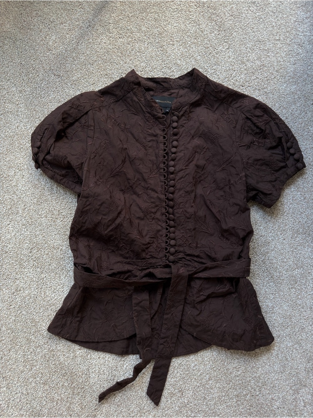 BCBGMaxAzria Dark Brown Textured Tie-Waist Short Sleeve Blouse